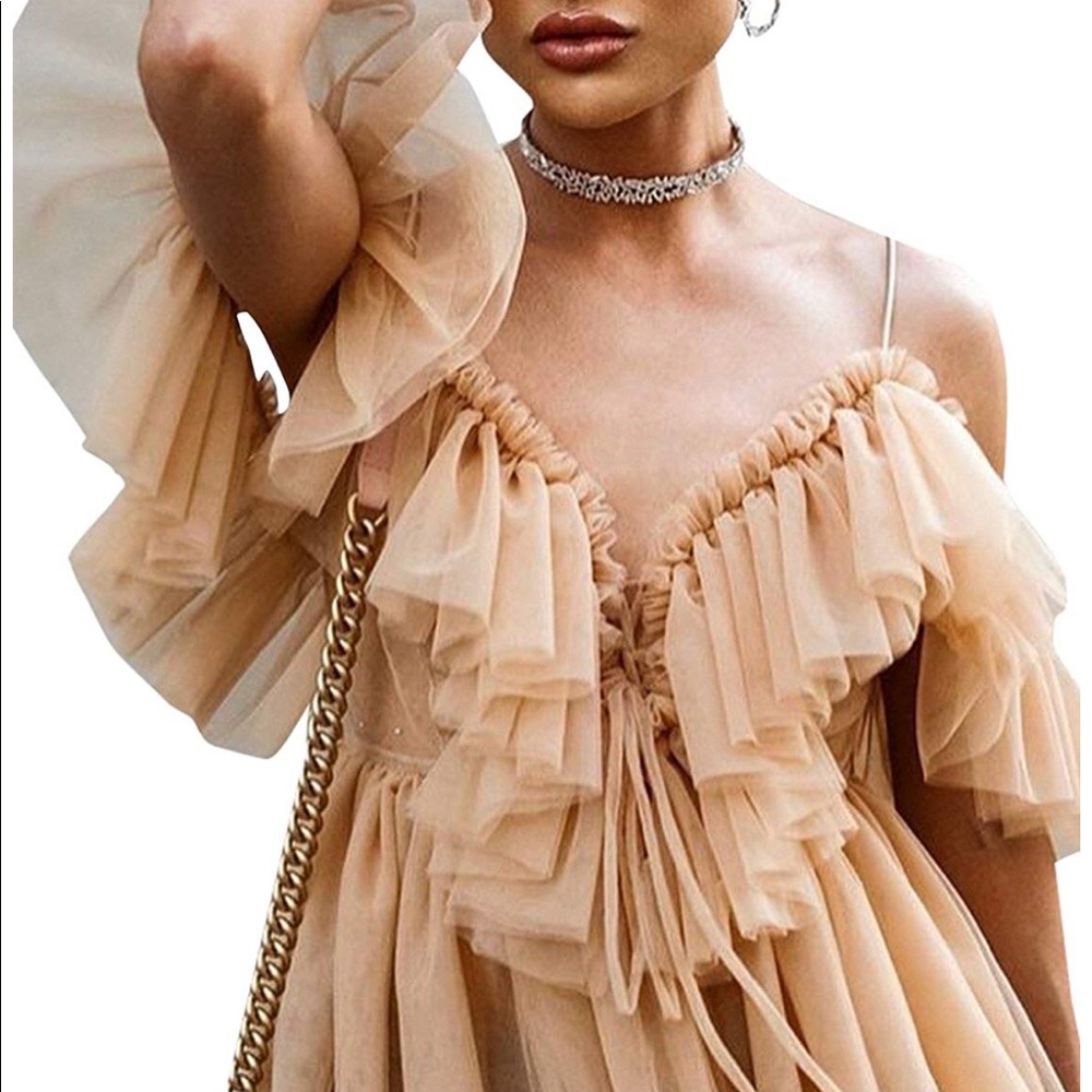 Off Shoulder Deep V Neck Lace Up Ruffle Blouse